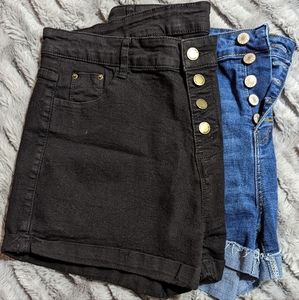 2 Pair Blue Jean High Waisted Shorts Button Fly Black & Blue